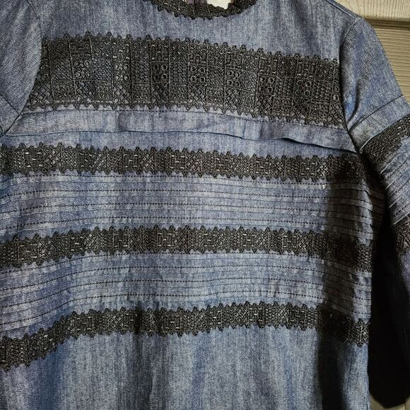 Banana Republic Puff Sleeve Pintuck & Lace Shift Dress in Rinse Preppy Work - Picture 5 of 13